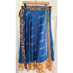 Jaded Gypsy Sari Wrap Skirt OS Blue Mustard Mixed Print Boho Maxi NWT